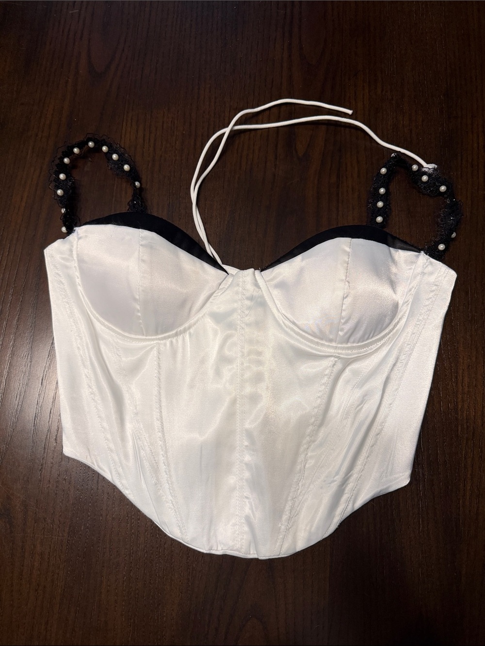 New Mix White Bustier Top with Black Trim and Pearl-Strap Details